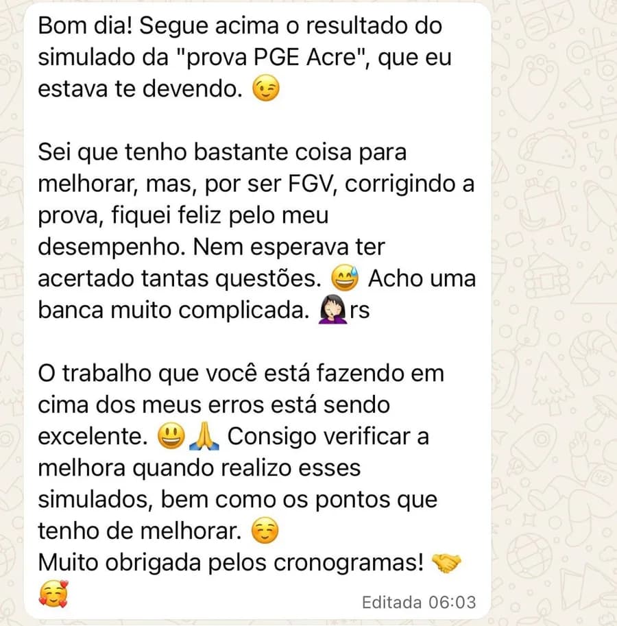 Mensagem de um aluno da Foco Procuradorias