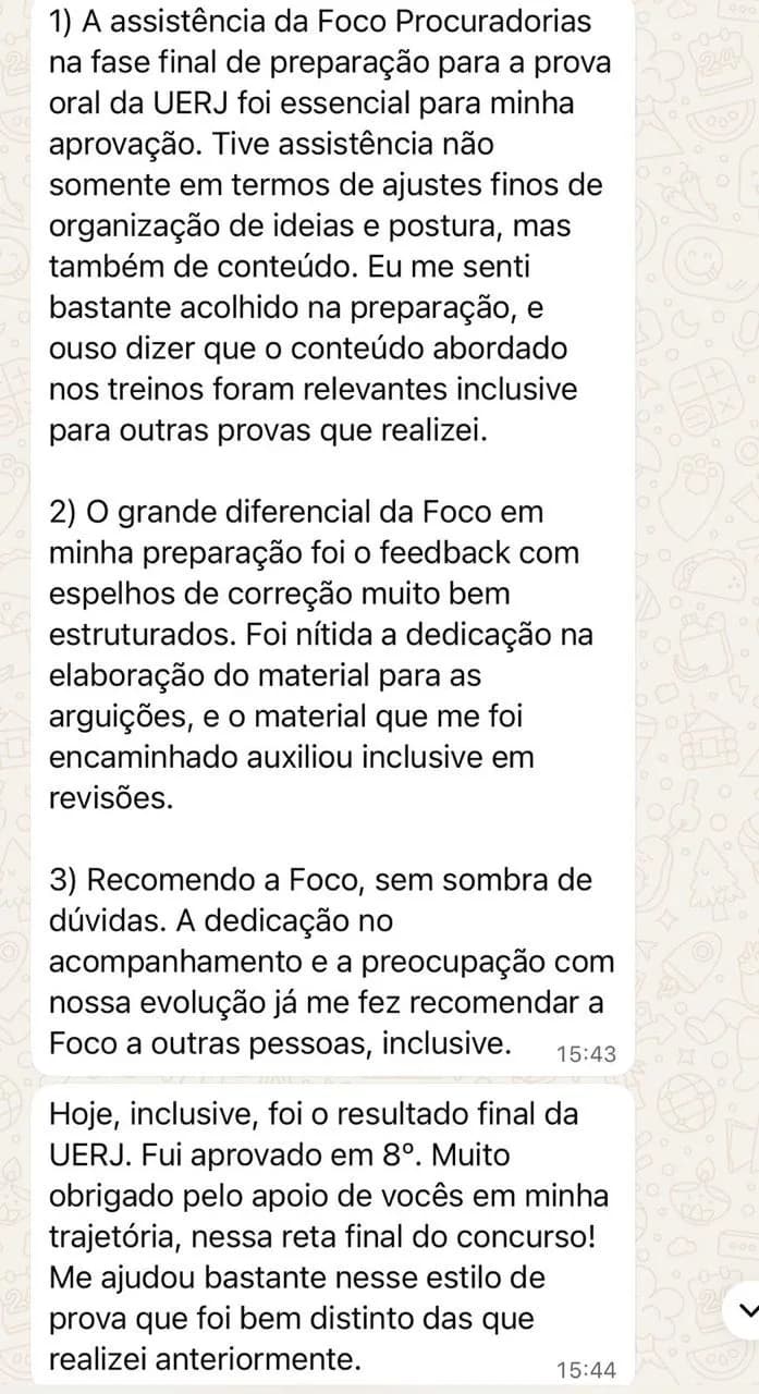 Mensagem de um aluno da Foco Procuradorias