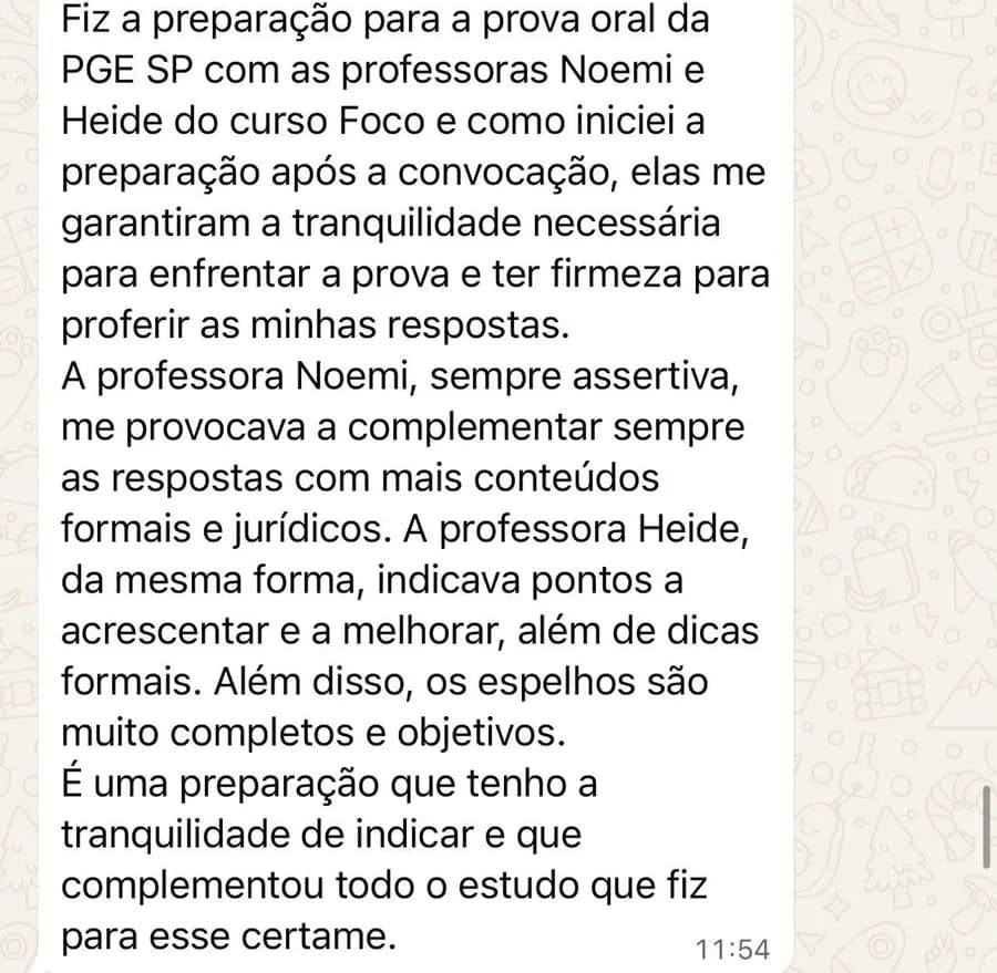 Mensagem de um aluno da Foco Procuradorias